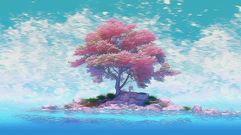 唯美繁花满树海边文艺插画风景背景手绘,插画/手绘图,插画/手绘图库,插画/手绘图下载,插画/手绘